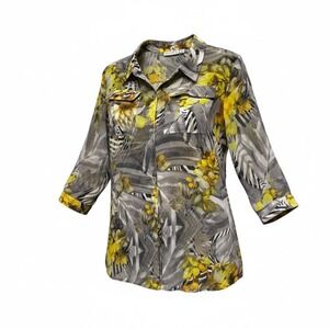 Susan Graver Yellow Floral Zebra Button Down Blouse Top Flowy‎ Gardencore Sheer